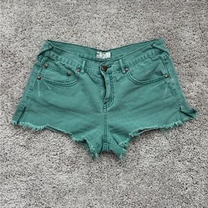Free People Aqua Green Women's Mid Rise Shorts With Raw Hem